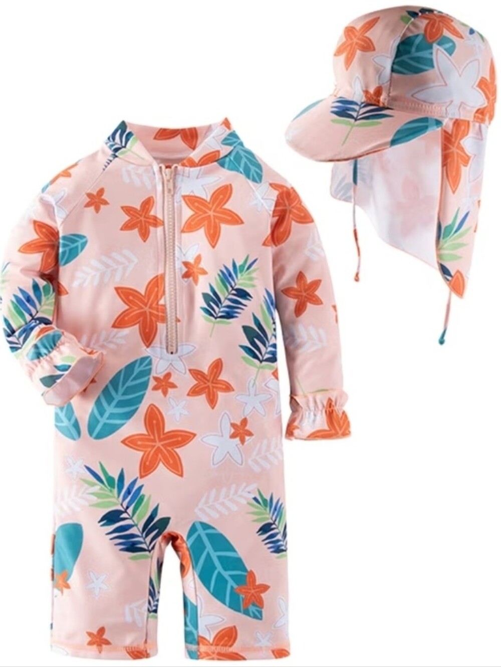 Mercatoo Kids' Pink Floral Bathing Suit with Matching Hat-size 12 Months-3 Years